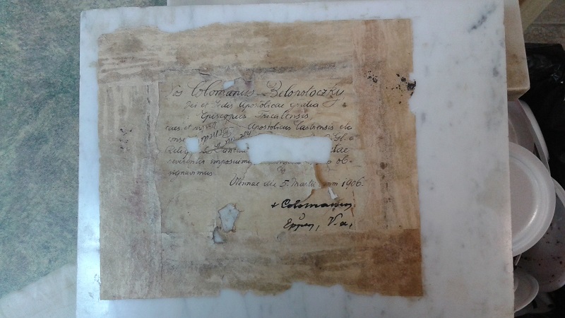 Relic of unknown origin – authentication paper signed on the back by Bishop Coloman Bolo… of Vienna in 1906