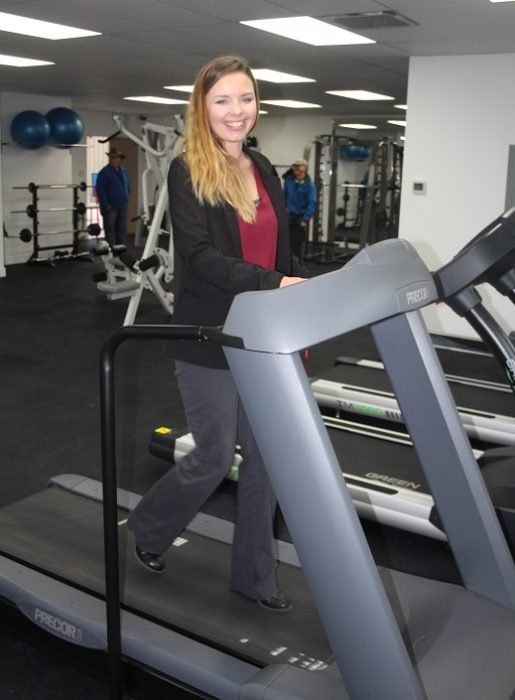 Interim Parks and Recreation Manager Natalie Alexander goes for a walk on new treadmill.